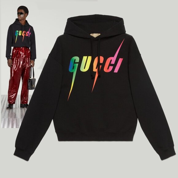 GUCCI MENS SWEATSHIRT BLACK COTTON HOODIE w BLADE LOGO sz L LARGE - Picture 1 of 16